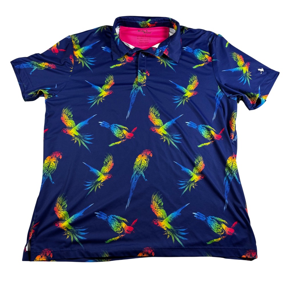 Birdie Bound Polo Shirt Men Large Navy Blue Excellent Rainbow Macaw Parrot Print